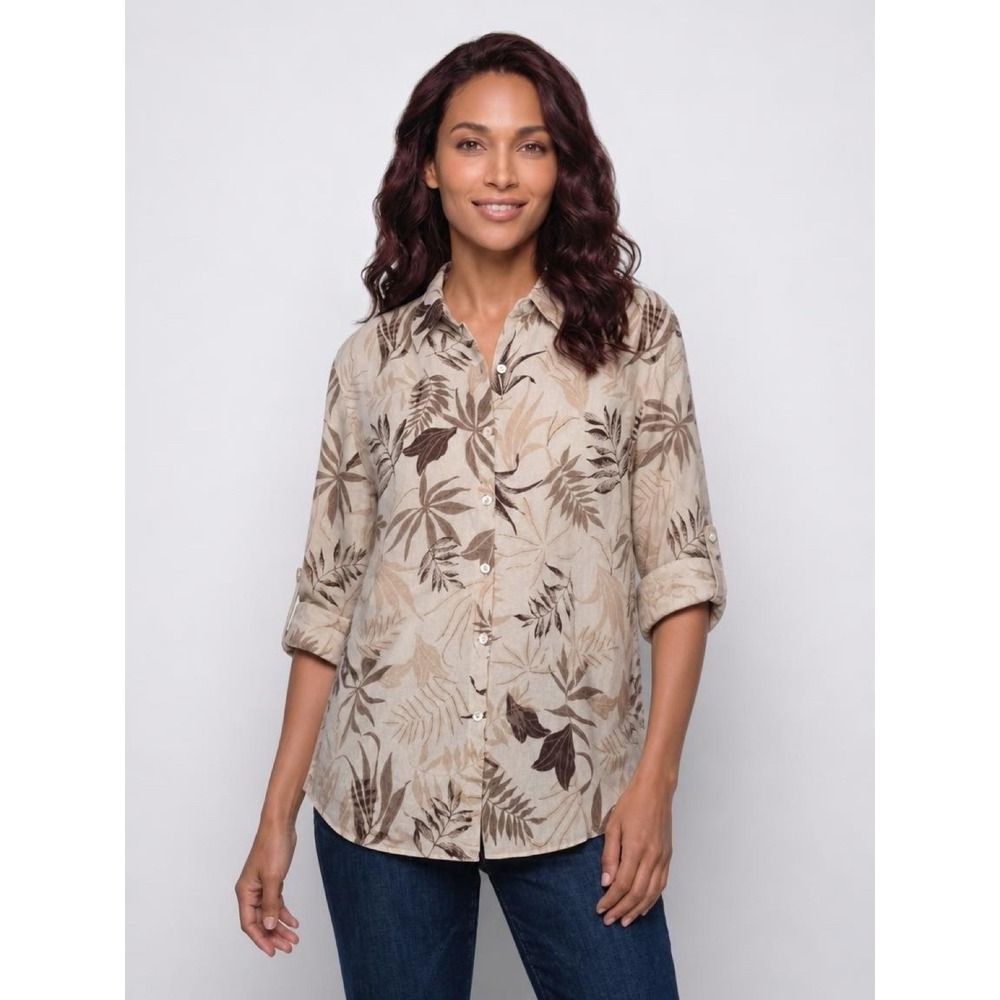 Studio Works Button Up Women XL Tan Tropical Leaf Linen Coastal Casual Shirt